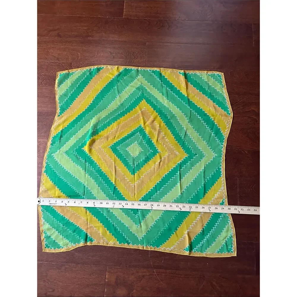 Vintage Silky Lightweight Green and Yellow Geometric Scarf